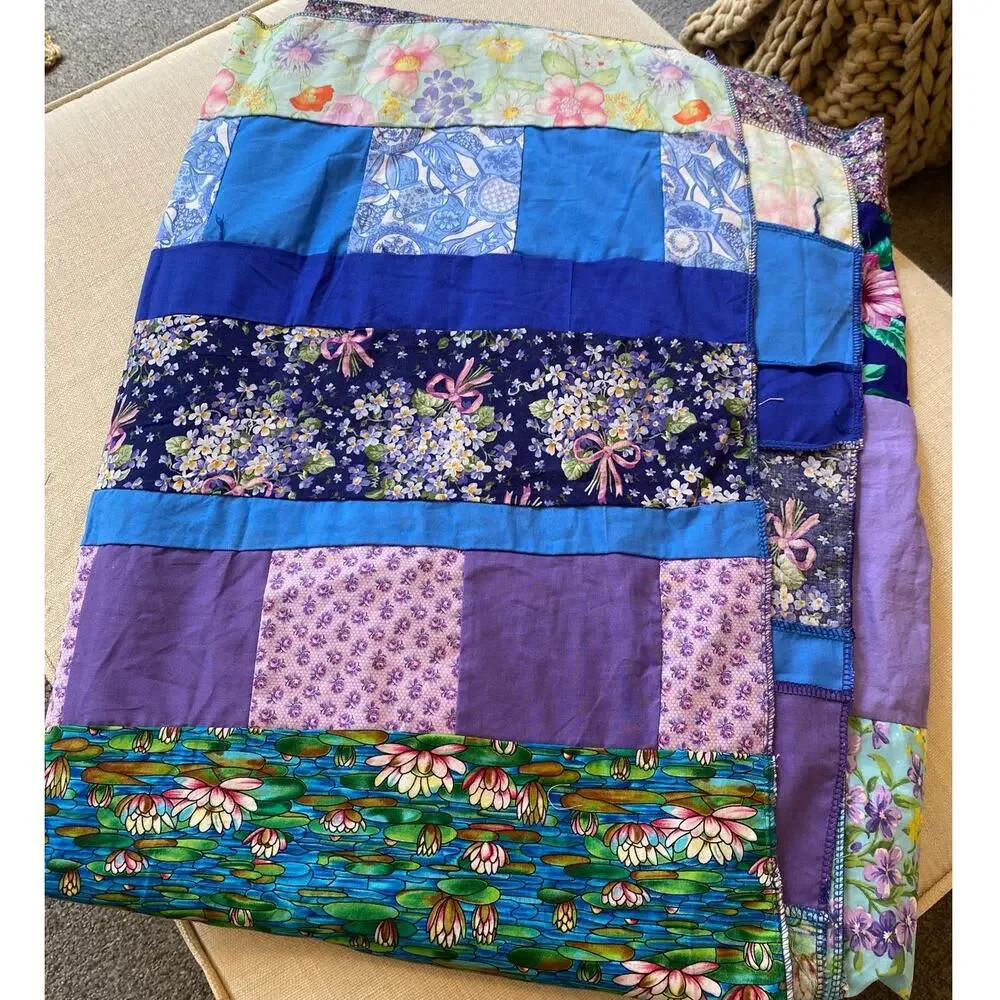 Handmade 90s Patchwork Quilt Top 100x68 Blue Purple Floral Cotton Strip Pieced